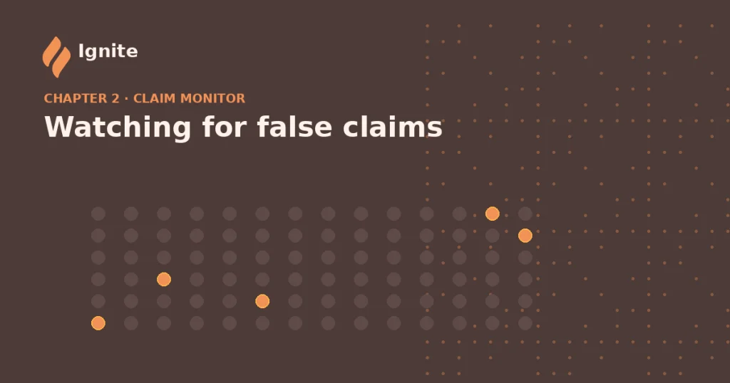 Illustrative grid of claim dots with a few flagged in amber, representing a monitor watching for false or poisoned claims about a brand