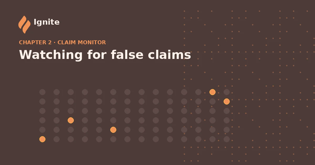 Illustrative grid of claim dots with a few flagged in amber, representing a monitor watching for false or poisoned claims about a brand